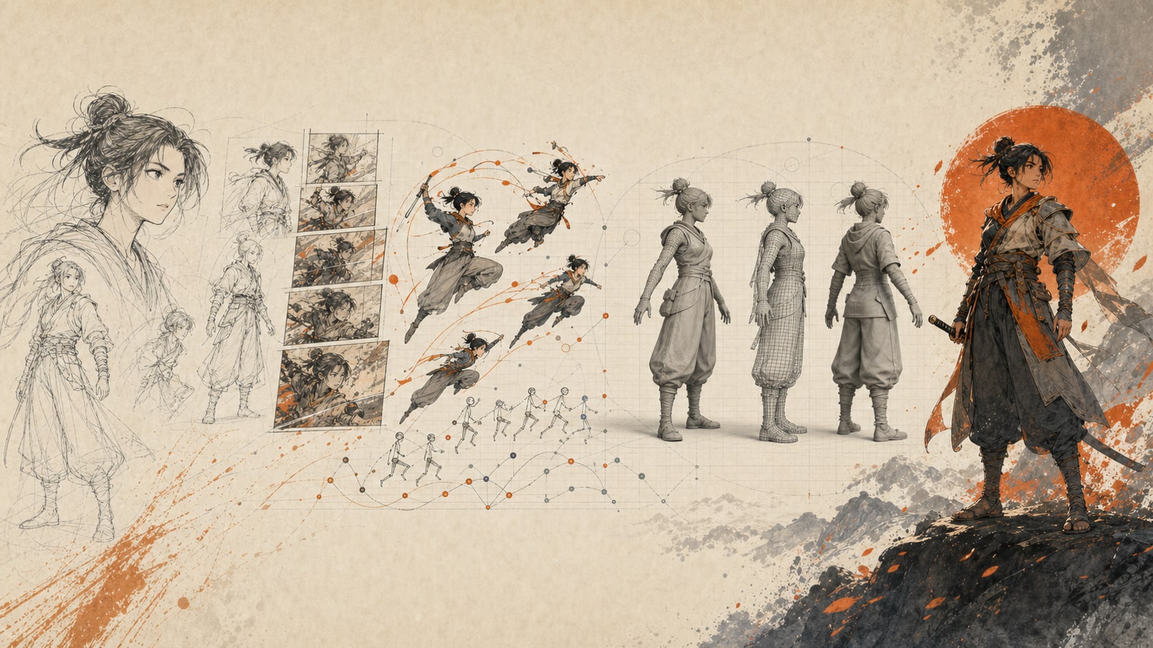A connected production concept image following a female character from sketches and storyboards through 2D motion, 3D modeling and final artwork